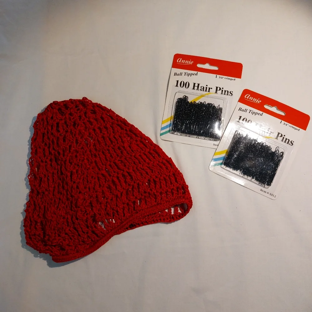 Red Crochet Hair Net Snood And 200 Hairpins New